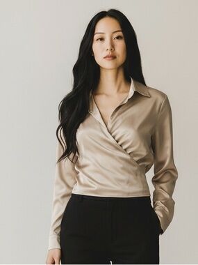 Windsor Satin Wrap Top Champagne Long Sleeve Blouse Tie Back Y2K Going Out Top